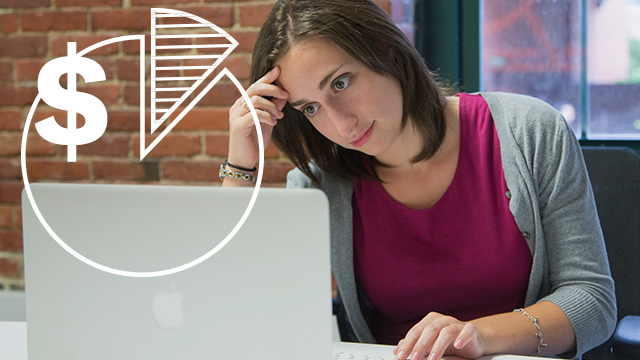 woman with laptop and pie chart graphic