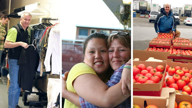 Sorting clothes, women hugging, large tomato donation