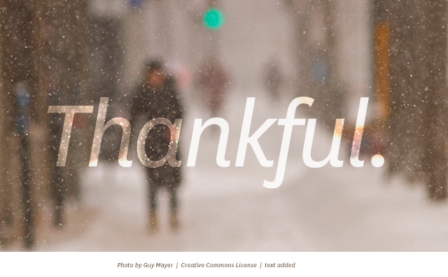Thankful typed over snowy street scene