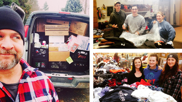 Ryan with a van of donations, youth sorting clothes